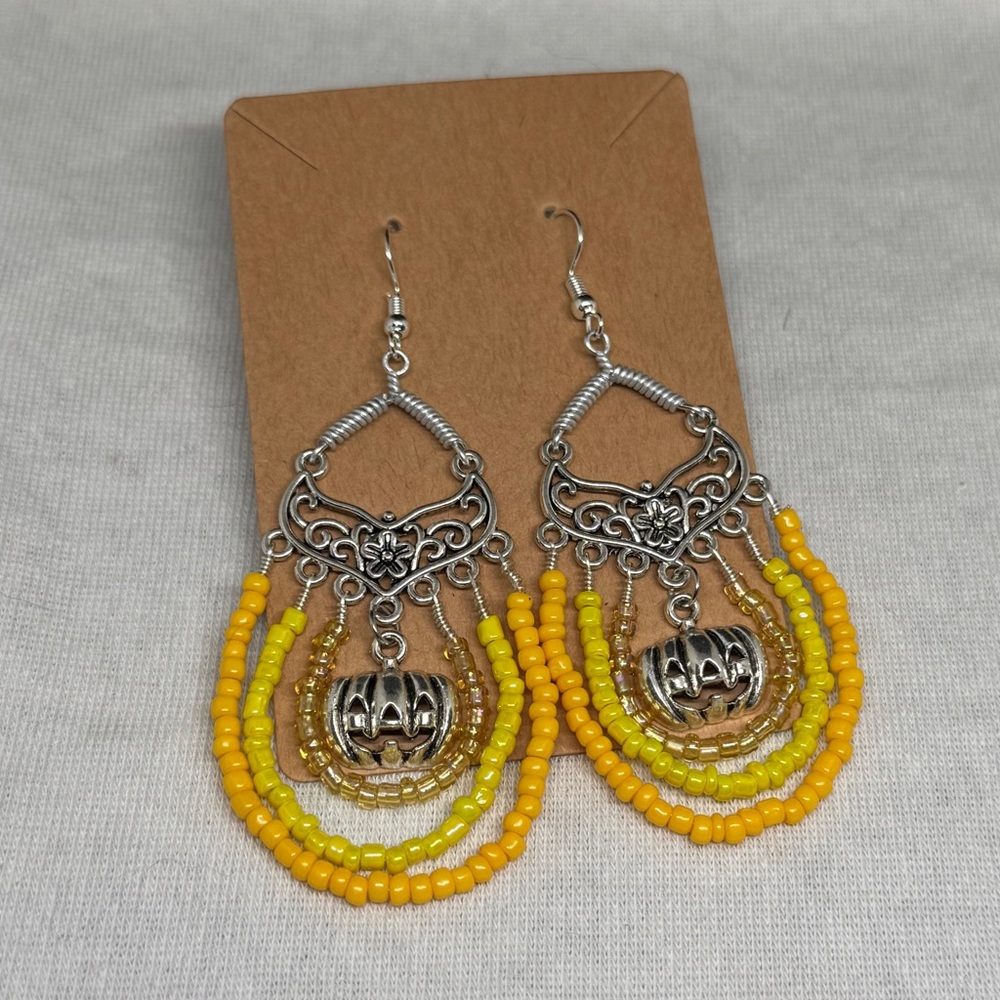 Silver and Yellow Beaded Dangle Pumpkin Earrings